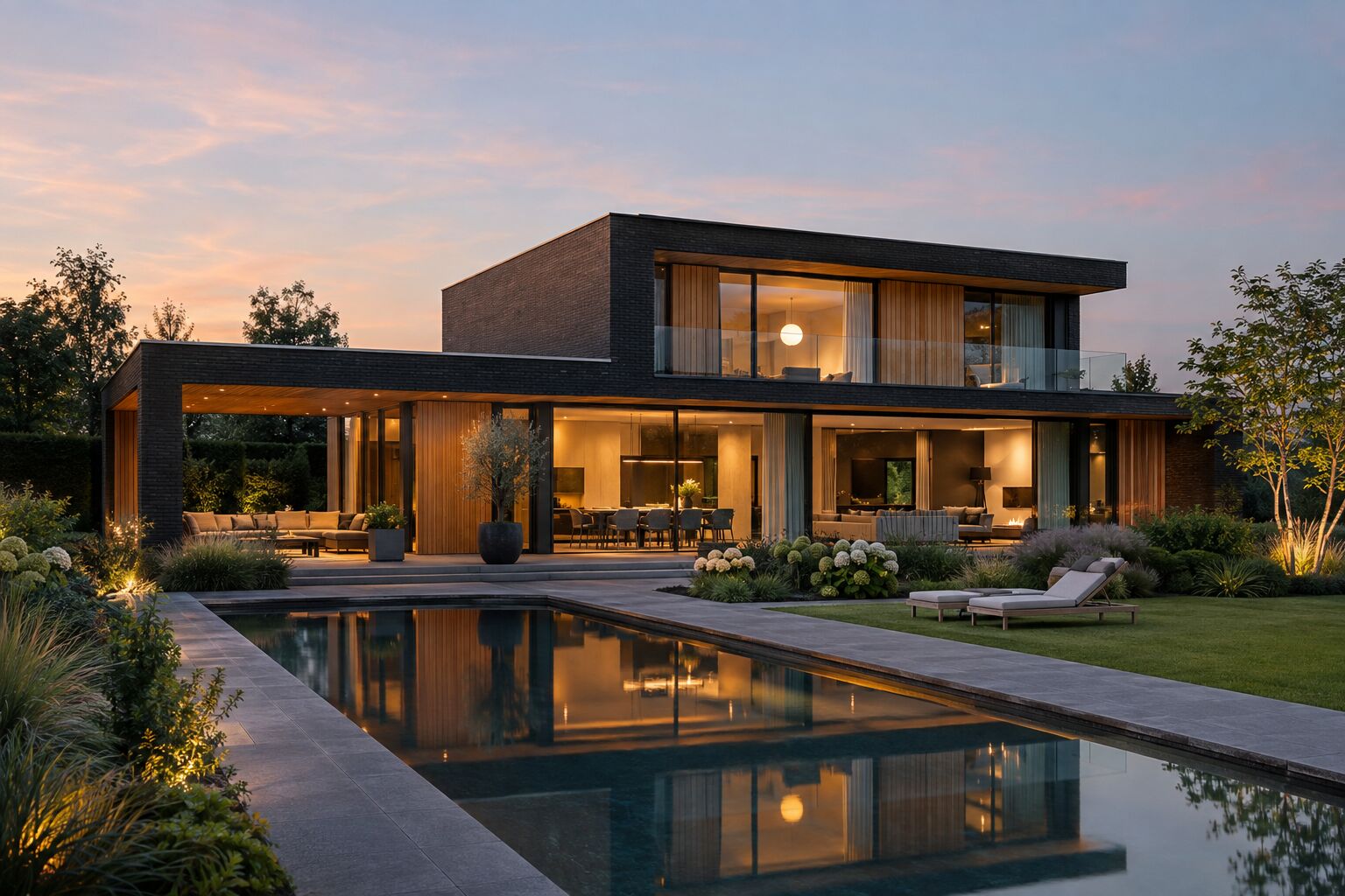 Moderne villa in de schemering met grote glazen gevels en waterpartij